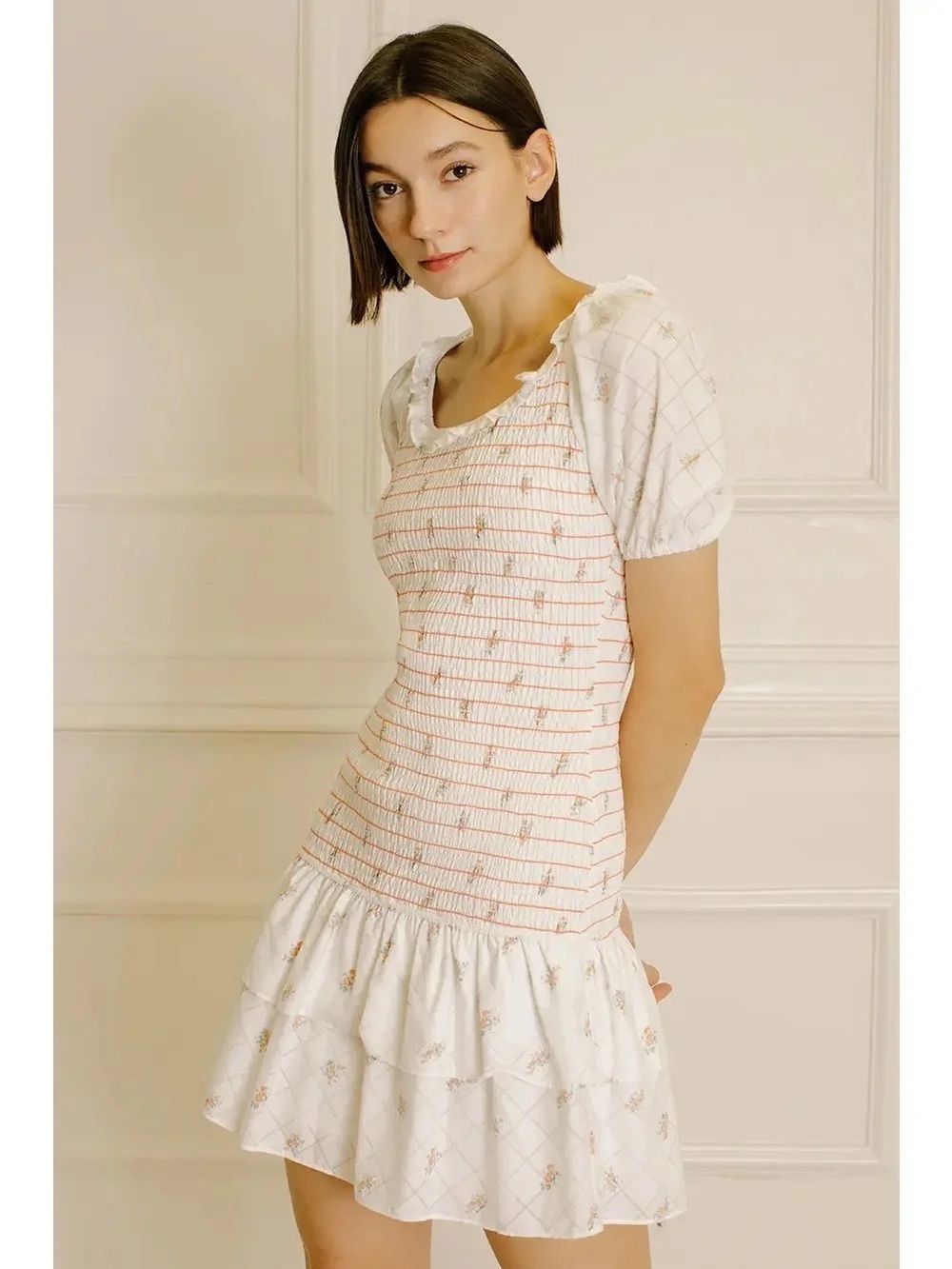 Storia Smocked Floral Mini Dress